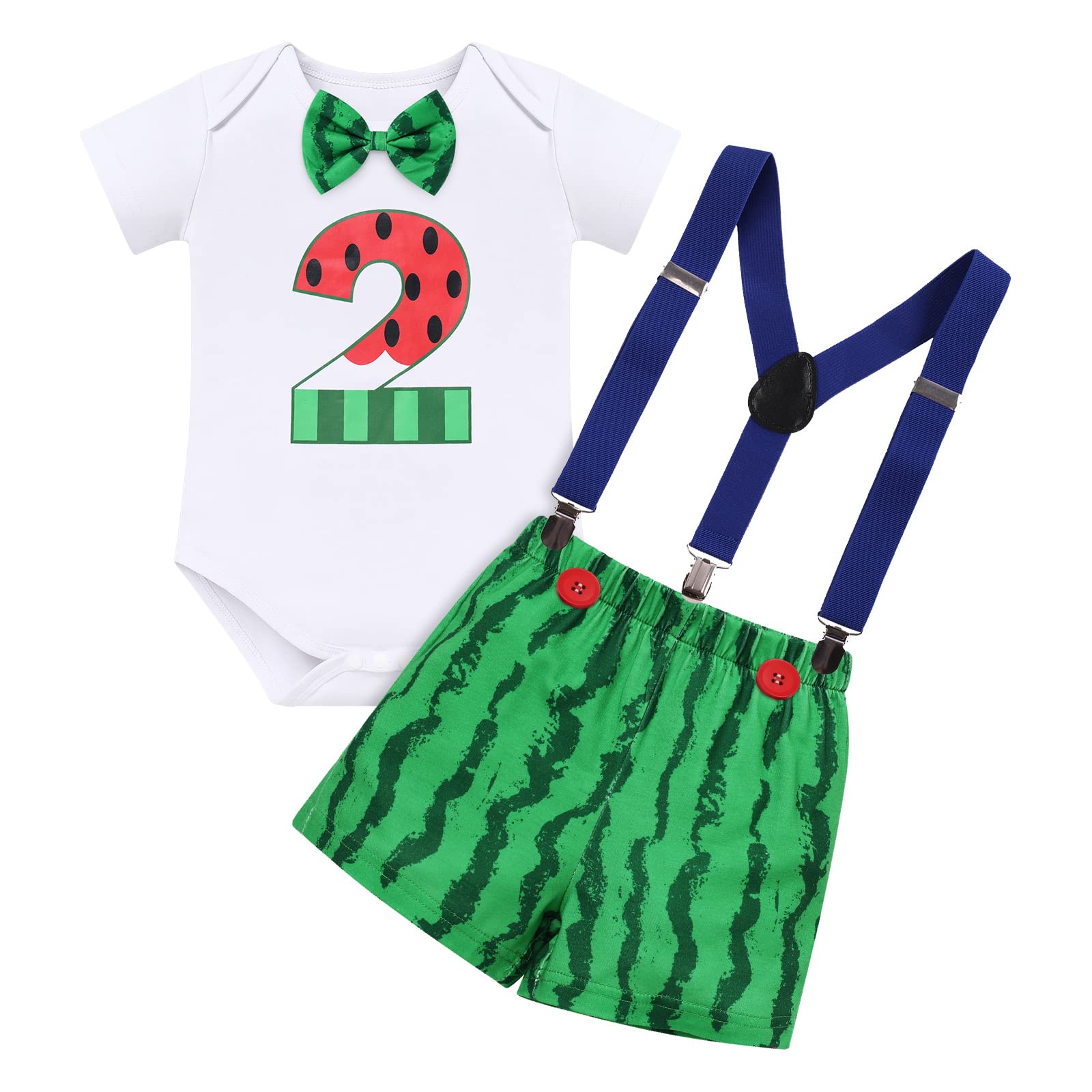 Melon 2nd Birthday Outfit for Toddler Boys Baby Cake Smash One in a Melon Bowtie Romper Bloomers Shorts Pants Suspenders Watermelon Second Melon Themed Birthday Party Supplies Photo Shoot Green 2T