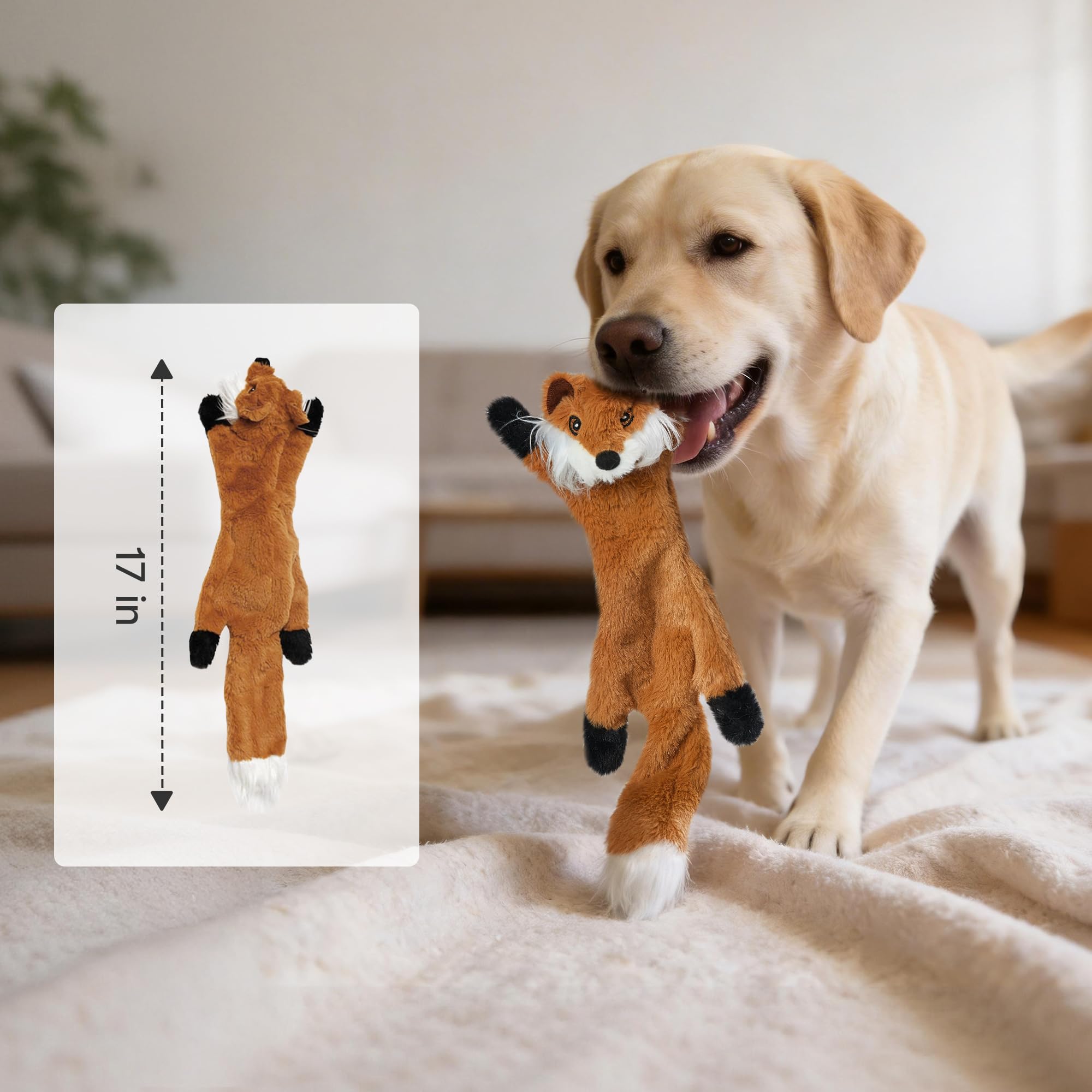 Potaroma Giocattoli per cani senza ripieno - Confezione da 4 (ragone, scoiattolo, puzzola, volpe), peluche realistico in finta pelliccia, 2 Squeakers (testa e coda), lunghezza 45 cm, giocattoli