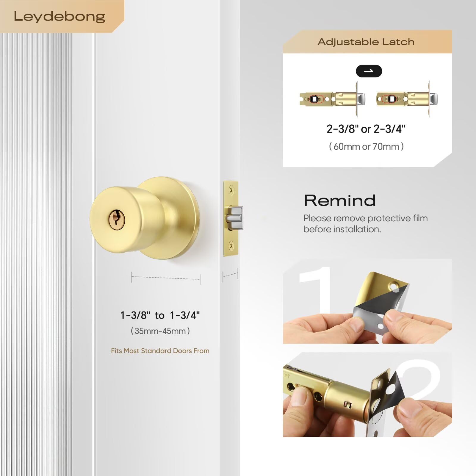 Leydebong Paquete de 5 pomos de puerta de acero inoxidable con cerradura dorada con llaves, respaldo ajustable de 60 a 70 mm para puertas de 35 a 45 mm de grosor, puerta delantera, dormitorio, baño