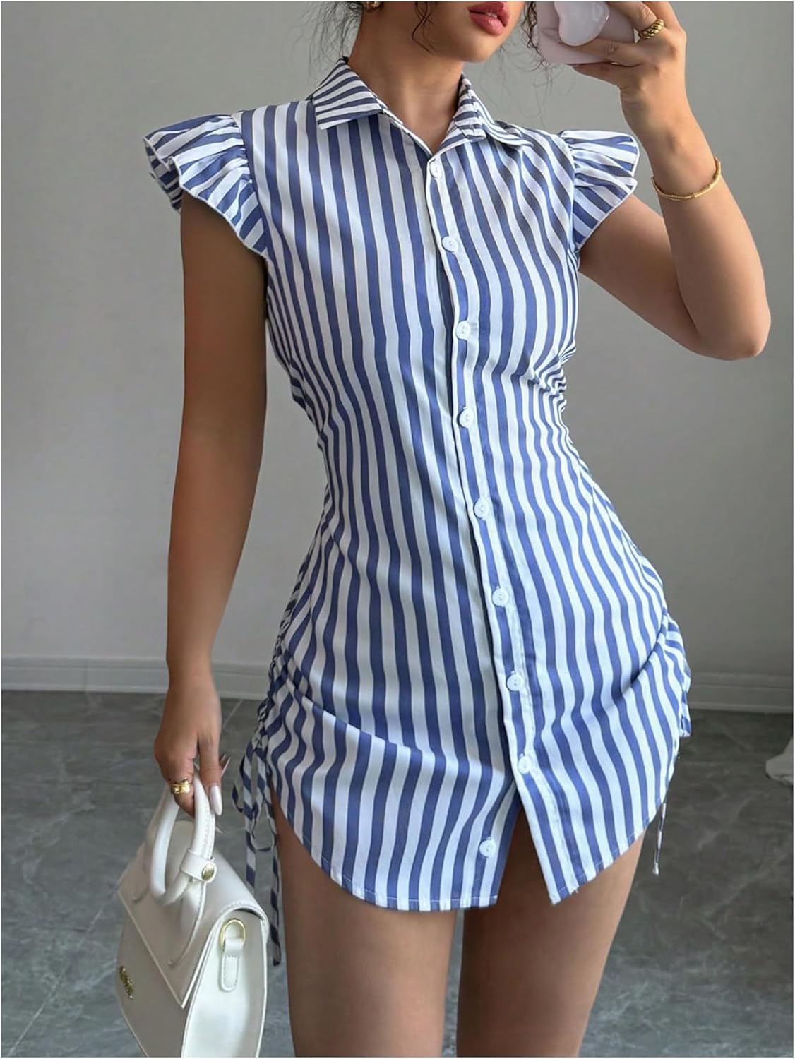 MakeMeChic Women's Striped Button Down Shirt Dresses Ruffle Short Sleeve Collared Mini Dress - Image 6