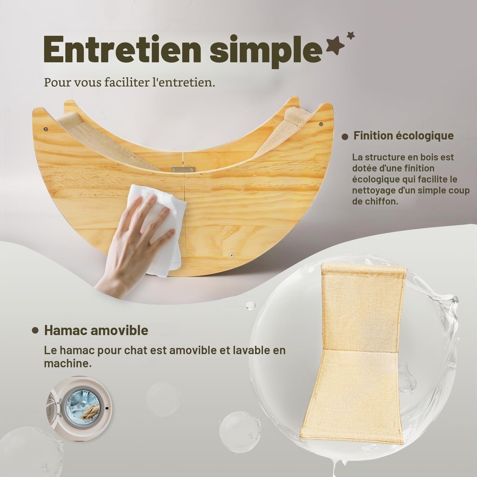 Perchoir de fenêtre en bois pour chat, grand lit de fenêtre pour chat avec 4 ventouses améliorées, hamac de fenêtre en bois massif avec design en forme de lune, siège de fenêtre pour