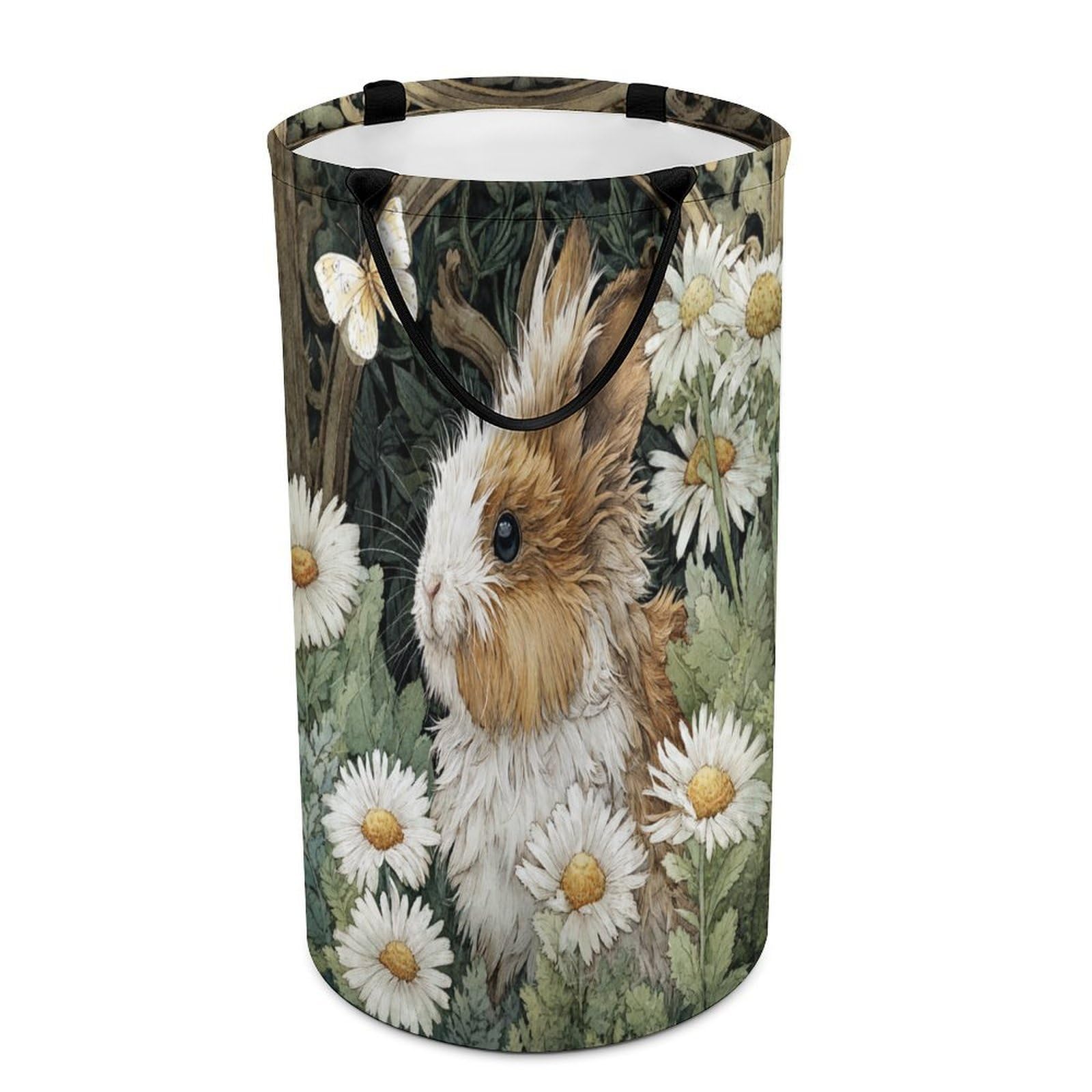 LUYYSKY Fantasy Watercolor Cute Rabbits Collapsible Dirty Clothes Basket, Vintage Abstract Spring Garden Daisies Floral Animal Bunny Portable Clothes Storage Basket