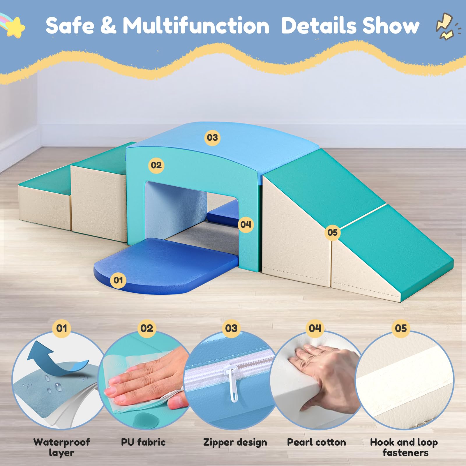 CUPCHID Blocchi da costruzione in schiuma per bambini, grandi blocchi da costruzione in schiuma giganti per bambini, giocattoli educativi prescolari per gattonare e arrampicarsi (Azzurro- 6 in 1)