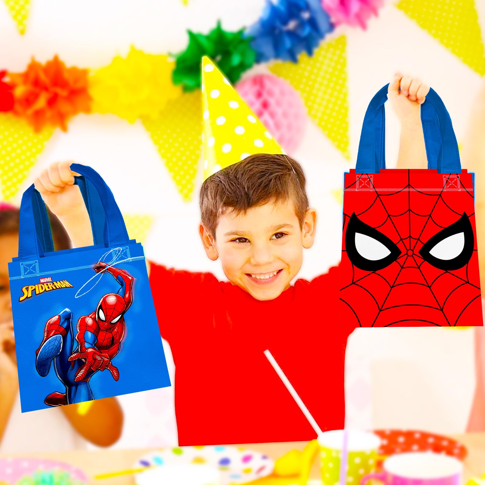 Spiderman Party Favor Bags Set – 12 Pack 8" Marvel Party Goodie Bags for Kids Bulk Reusable Mini Totes | Spiderman Birthday Party Supplies