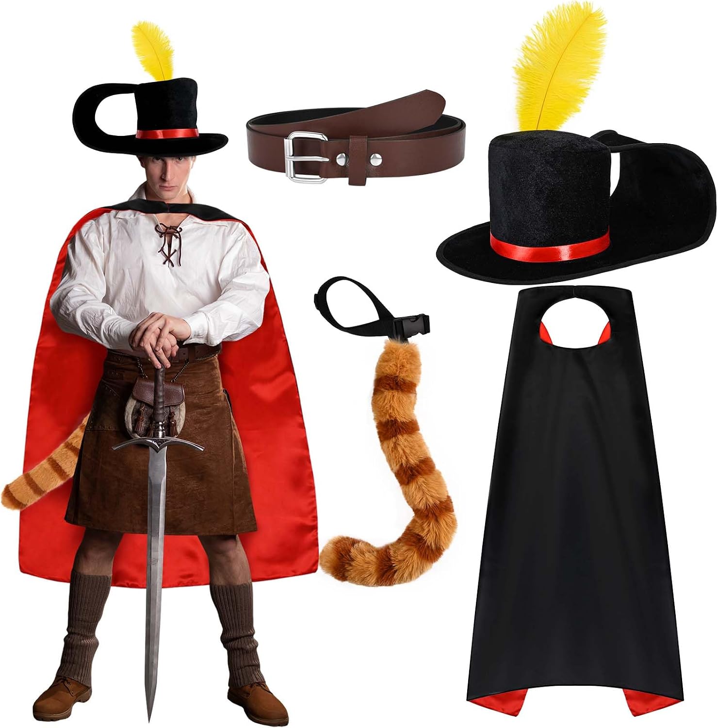 Kavoc 4 Pcs Halloween Puss Costume Cat Outfit Hat with Feather Belt Cat Tail Cape for Halloween Adult Women Men Cosplay Party Dress Up