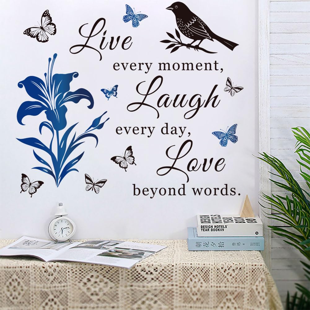 Motivational Wall Decal Quote Live Every Moment Laugh Every Day Love Beyond Words Wall Decals Family Inspirational Wall Stickers for Bedroom Living Room Window Decor Home Decor.(Blue)