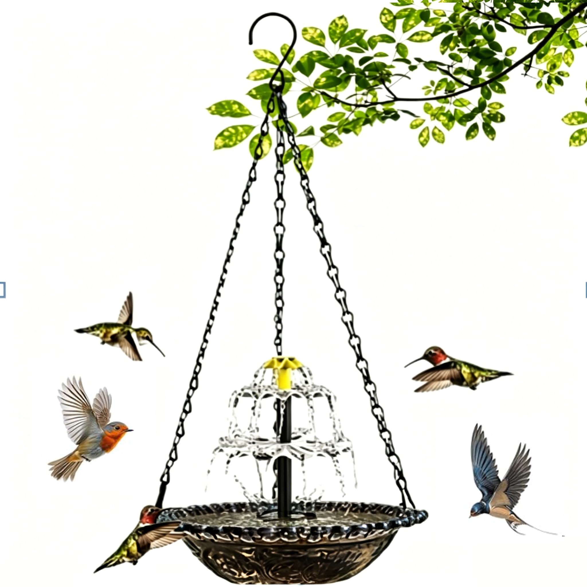 Solar Cascade Hanging Bird Bath Fountain, 3 Layers Outdoor Water Feature with Solar Powered Pump, Easy-Clean Glass Basin, Attracts Hummingbirds & Wild Birds for Garden Patio Backyard (Grey)