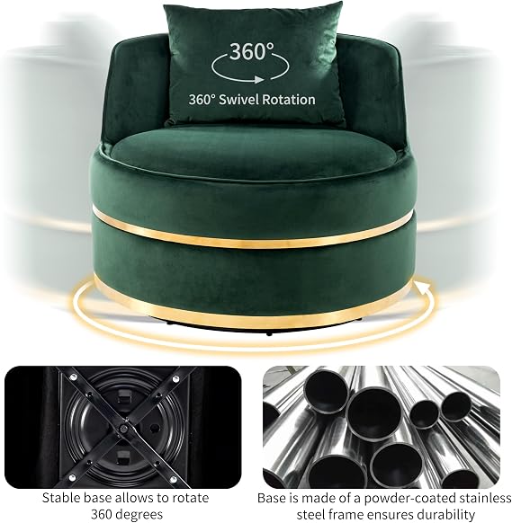 360 Degree Swivel Accent Chair Velvet Modern Upholstered Barrel Chair Over Sized Soft Chair with Seat Cushion for Living Room, Bedroom, Office, Apartment, Green