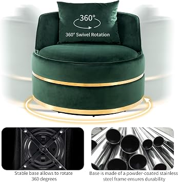 360 Degree Swivel Accent Chair Velvet Modern Upholstered Barrel Chair Over Sized Soft Chair with Seat Cushion for Living Room, Bedroom, Office, Apartment, Green