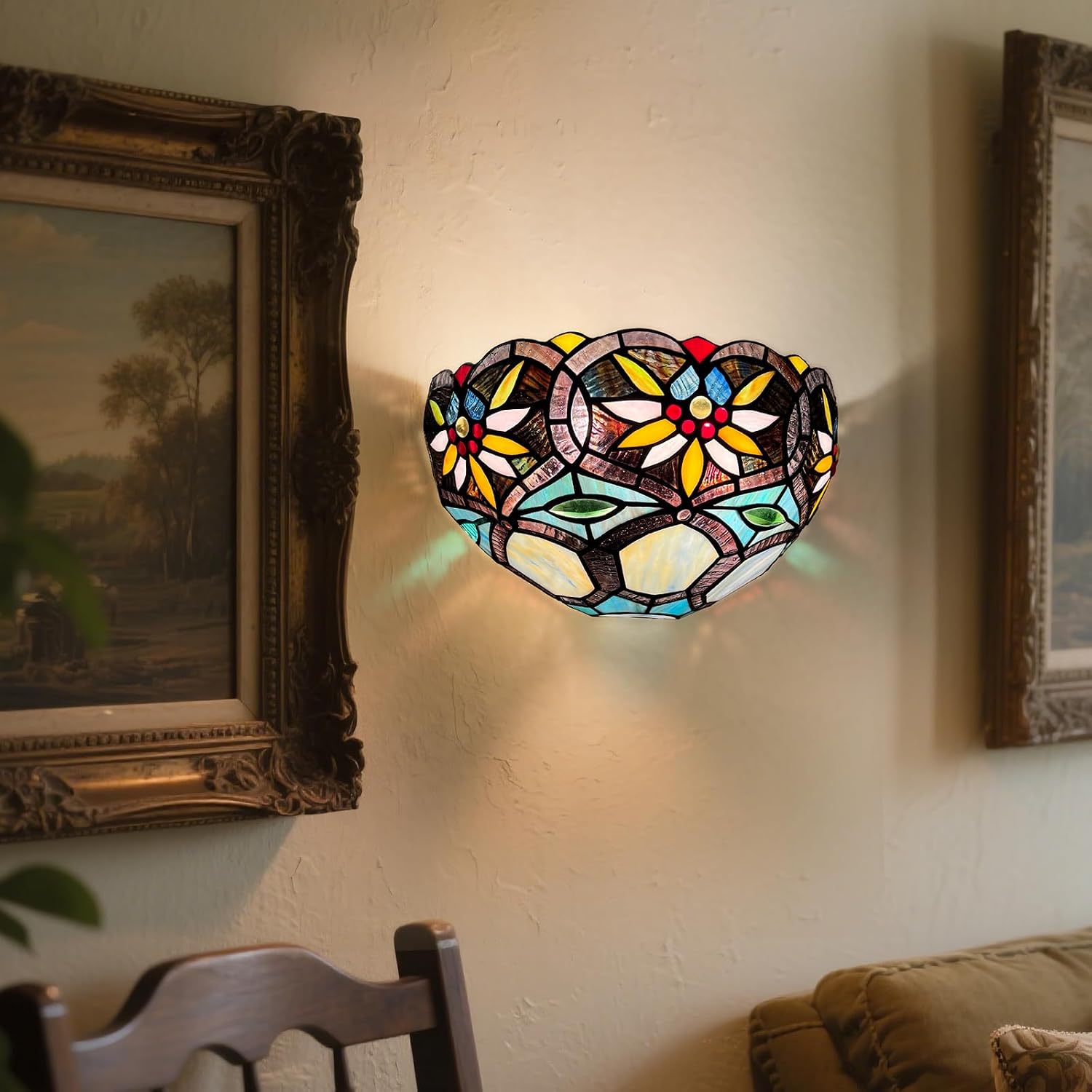 Capulina Tiffany Lamp Stained Glass Wall Sconce 12 Inches Wide Sunflower Style Wall Light Fixture for Hallway Stairway Bedroom Cinema Bathroom
