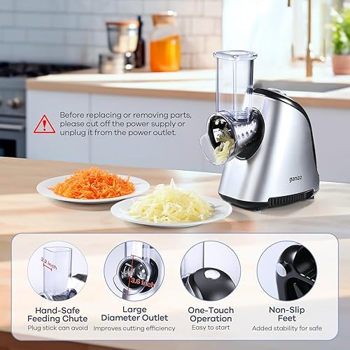 Miniatura 5 de Ganiza Rallador eléctrico 5 en 1 para cocina, triturador de queso máximo de 250 W, 5 cuchillas intercambiables, cortador eléctrico para