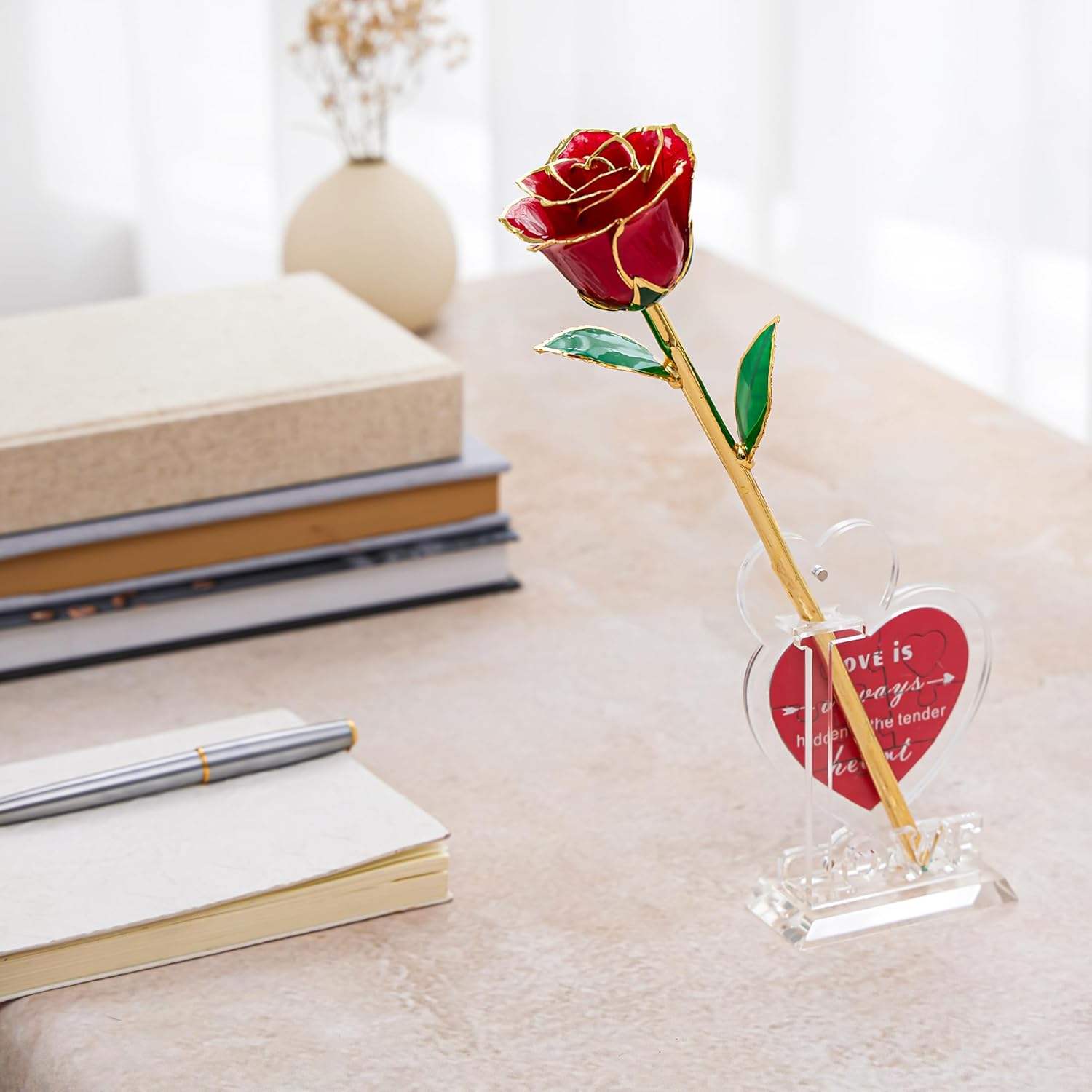 Mikasol Real 24K Gold Dipped Realistic Rose – Timeless Lifelike Bloom with Heart Puzzle Base – Romantic Red Flower Gift for Her, Wife, Girlfriend, Mom – Birthday, Anniversary, Mother’s Day (Red) - Image 6