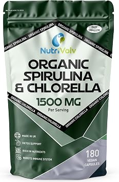 Spirulina & Chlorella | 3 Months Supply | 180 Capsules | 1500mg Per Serving | Pure - No Additives | Vegan & Non-GMO | Broken Cell Wall | by NutriVolv