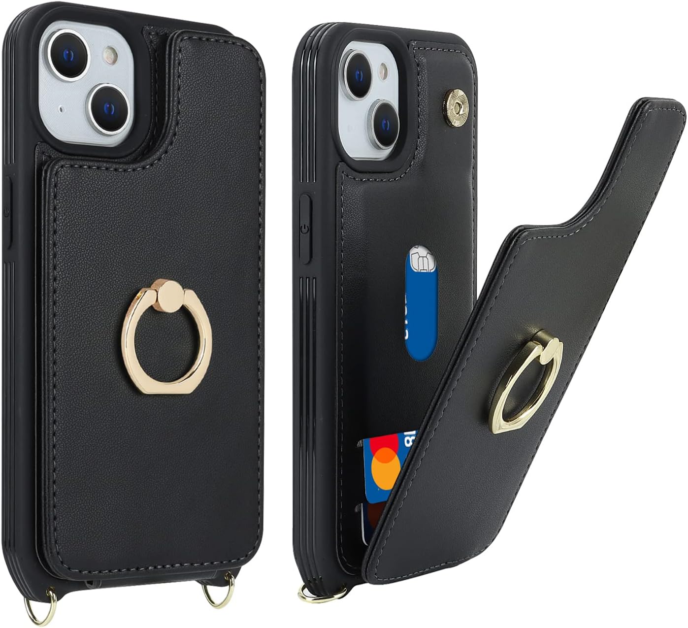 for iPhone 14 Case with Card Holder and Strap for Women,Crossbody Lanyard,Ring Stand,Snap Clasp,Phone Wallet Cases 6.1 inch(Black) - Image 3