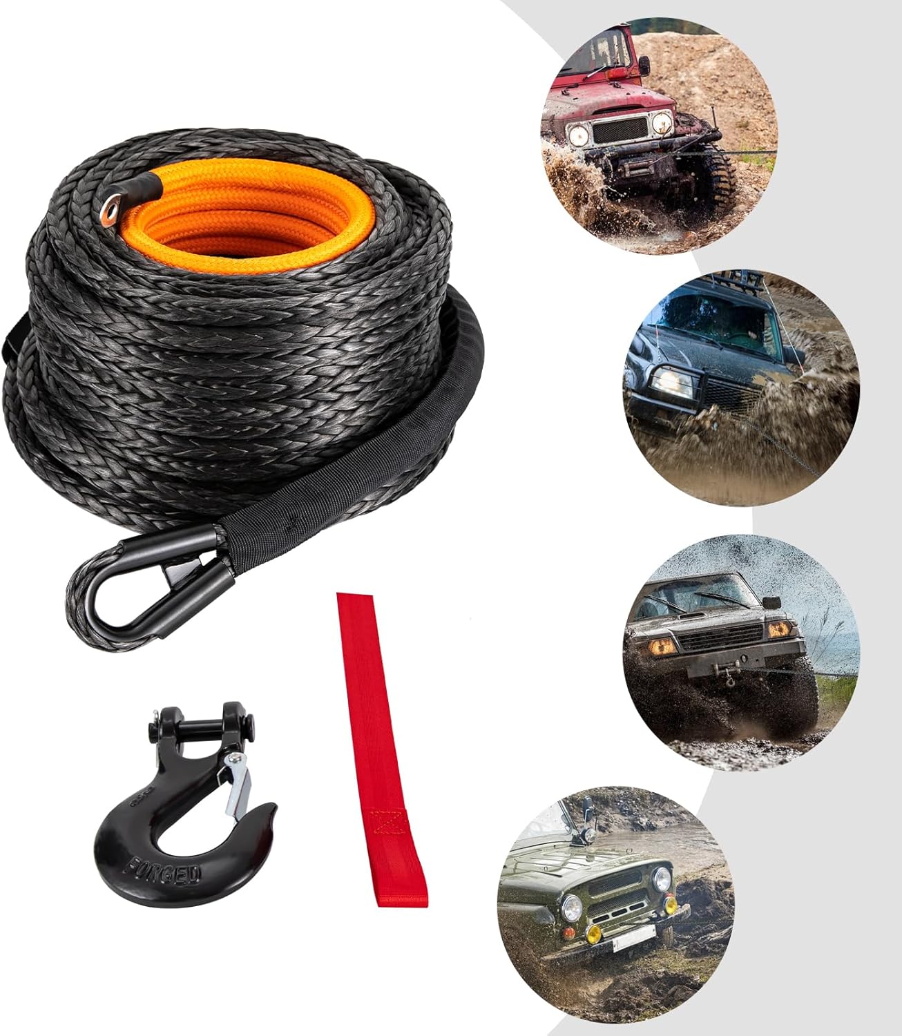 1/2" x92' 31500Lbs Winch Synthetic Rope,Synthetic Winch Rope with Hook,Synthetic Winch Rope,Winch Cable Replacement for Car Tow Recovery,4wd Off Road Vehicle Truck SUV