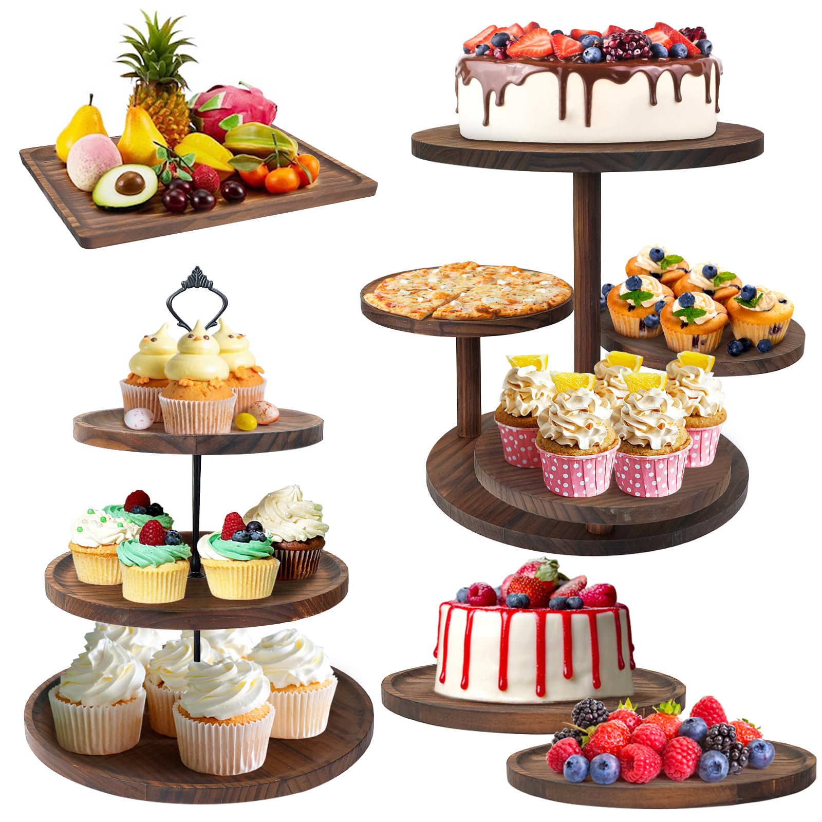 LARDUX Set di 5 alzate in legno con supporto a torre per cupcake a 5 livelli, vassoi da portata a torre a 3 piani, 2 piatti rotondi per torte, 1 piatto quadrato per dessert, salumi, snack per feste