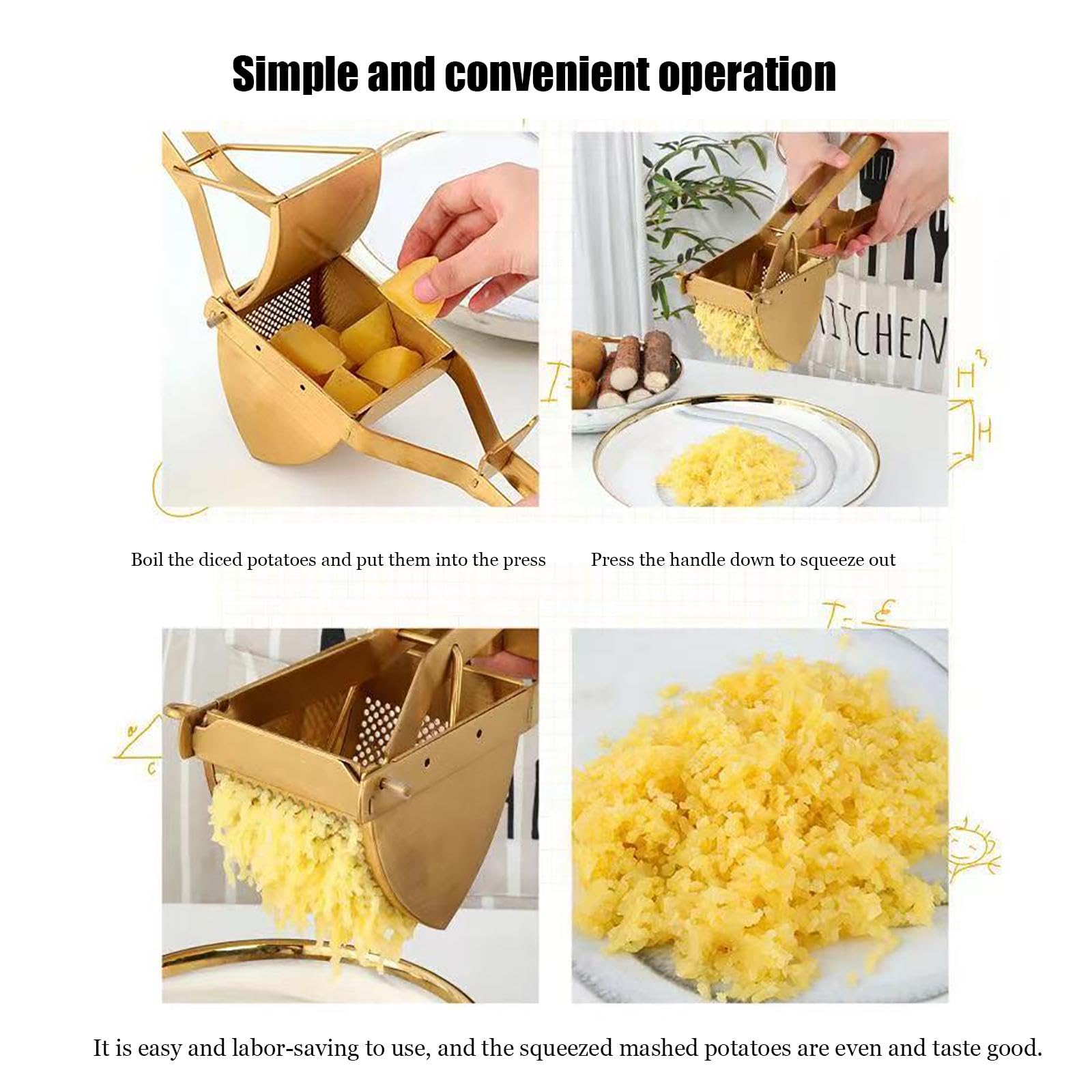 Manuelle Kartoffelpresse, Kartoffelstampfer aus Edelstahl, Kartoffelstampfer, Küchenwerkzeug, Reispresse für Kartoffelpüree, Kartoffelpüreestampfer