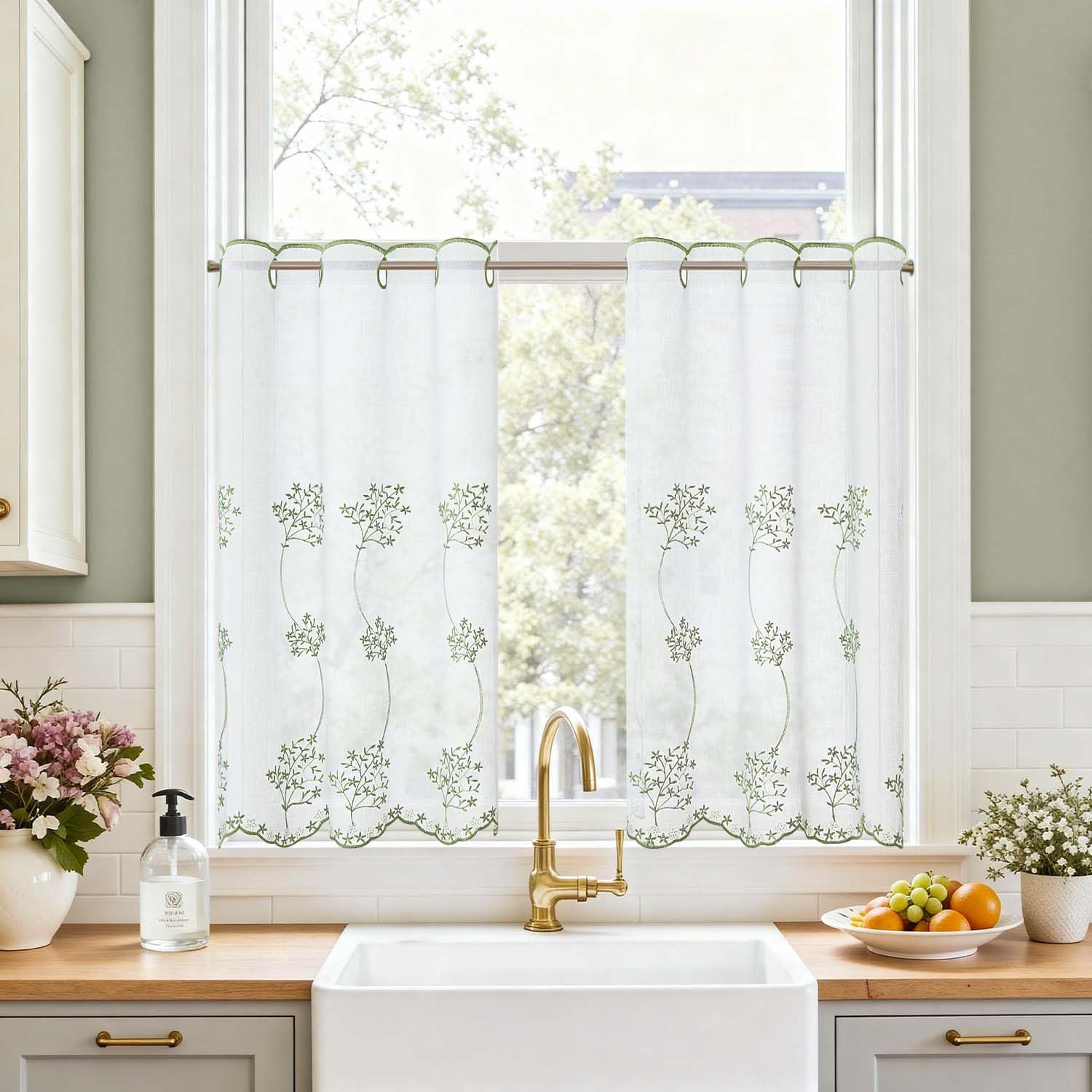 TOPICK Embroidered Floral Kitchen Curtains 30 Inch Drop, Small Eyelet Cafe Curtain 2 Panels, Light Filtering Privacy Short Curtains for Bedroom, Living Room, Cupboard Base, W26 x L30 Inch, Green — image 1
