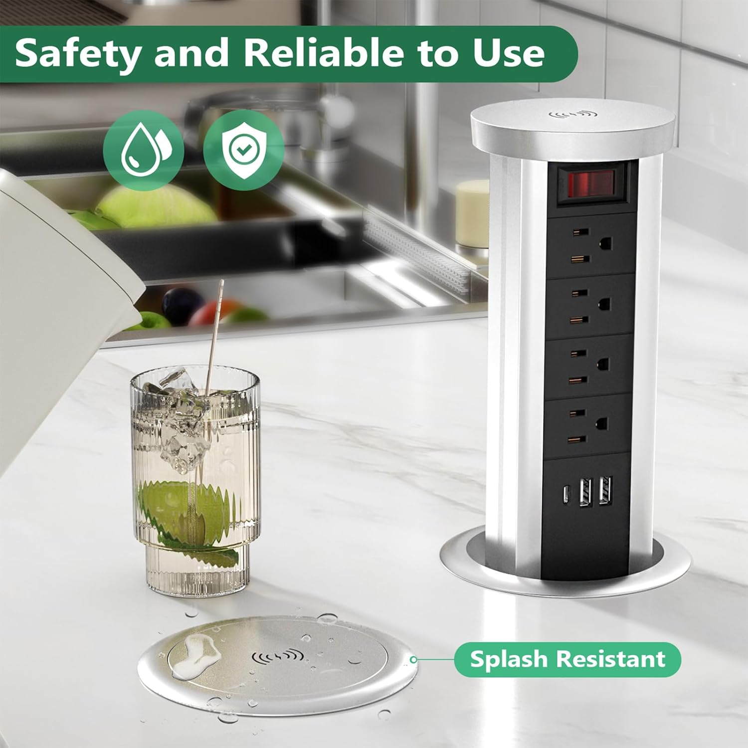 Pop Up Outlet Countertop with 10W Wireless Charger, 4 Outlets,3 USB Ports, Splash Resistant, Automatic Pop Up Outlet for Kitchen Counter Islan, Office Conference Table
