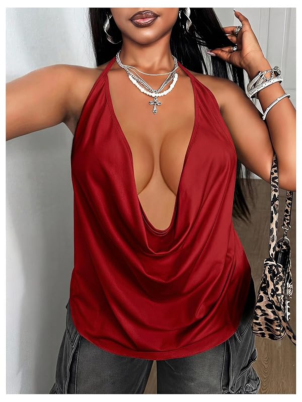 SweatyRocks Women Plus Size Draped Halter Top Cowl Neck Going Out Tops by SweatyRocks - Used condition - Image 2