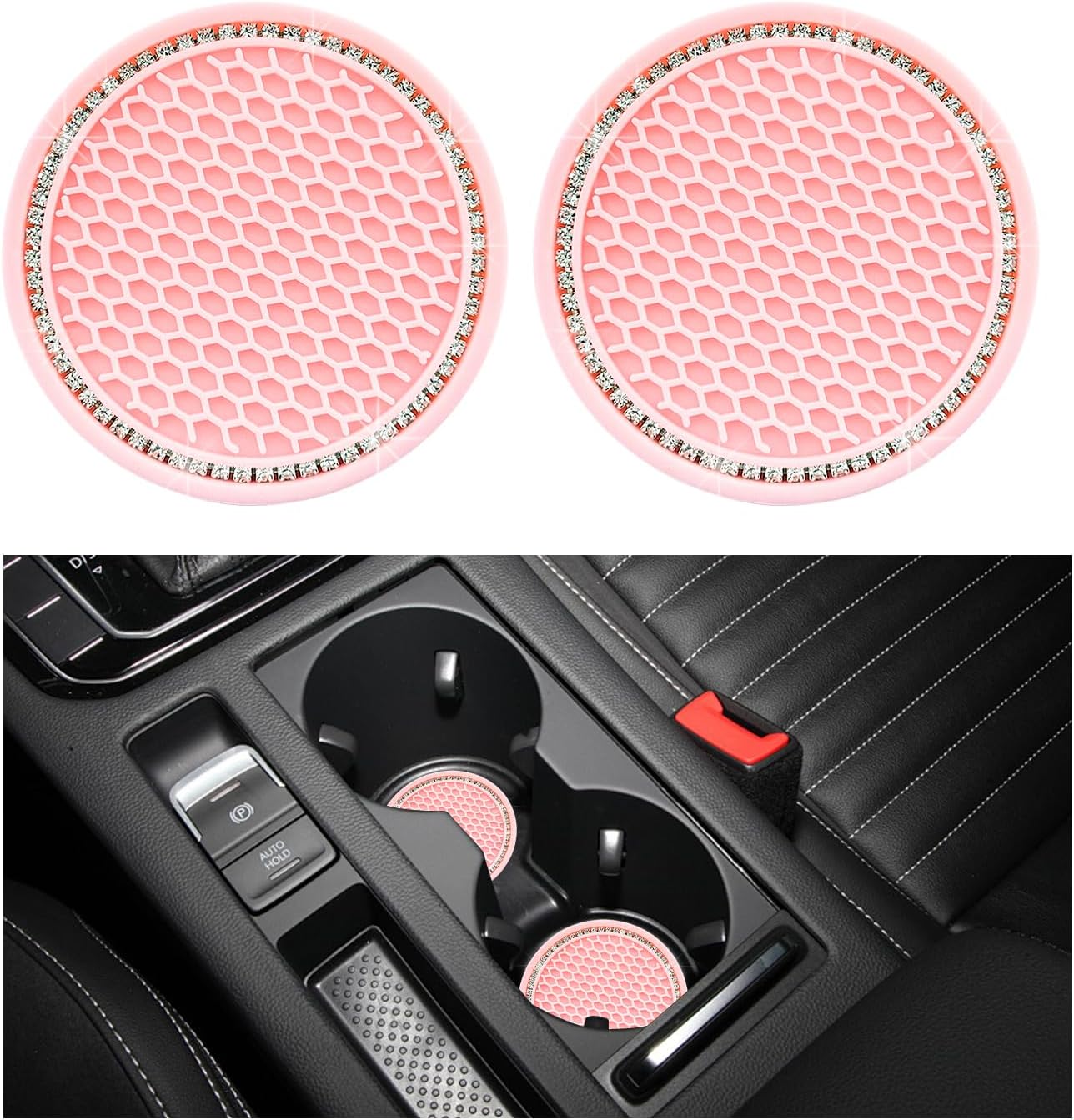 2 Pieces Bling Car Cup Coasters — 2.75 Inches Crystal Rhinestone Auto Cup Holder Insert Coasters — Anti-Slip Durable Car Drink Cup Mats — Universal Vehicle Interior Decor Accessories (Pink & White)