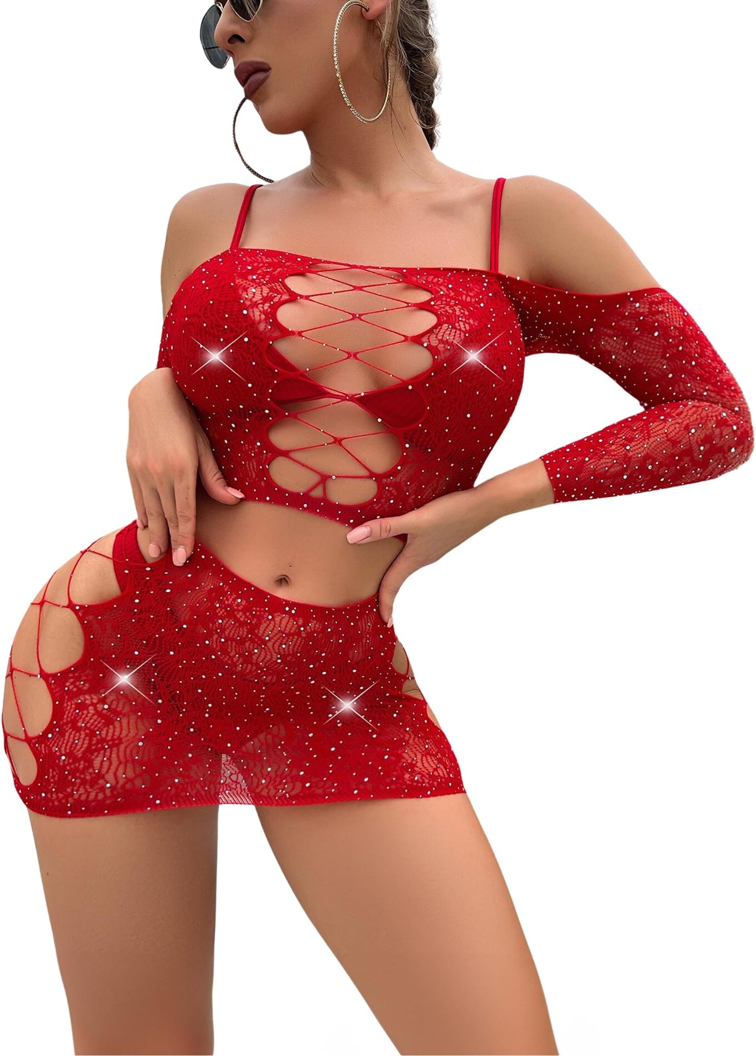 Ella LustWomen's Rave Sparkle Rhinestone Bodysuit - EDC Sexy Fishnet Outfits Cutout Crop Top Short Dress Lingerie 2Pcs Set