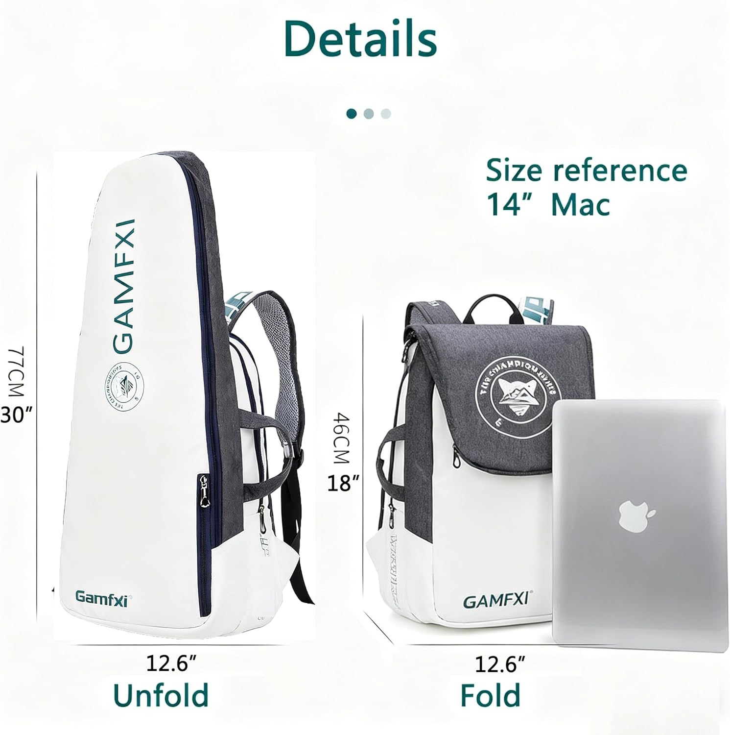 Tennis Racket Bag, White and Gray Backpack with Padded Straps, Professional Sports Equipment Storage Case
