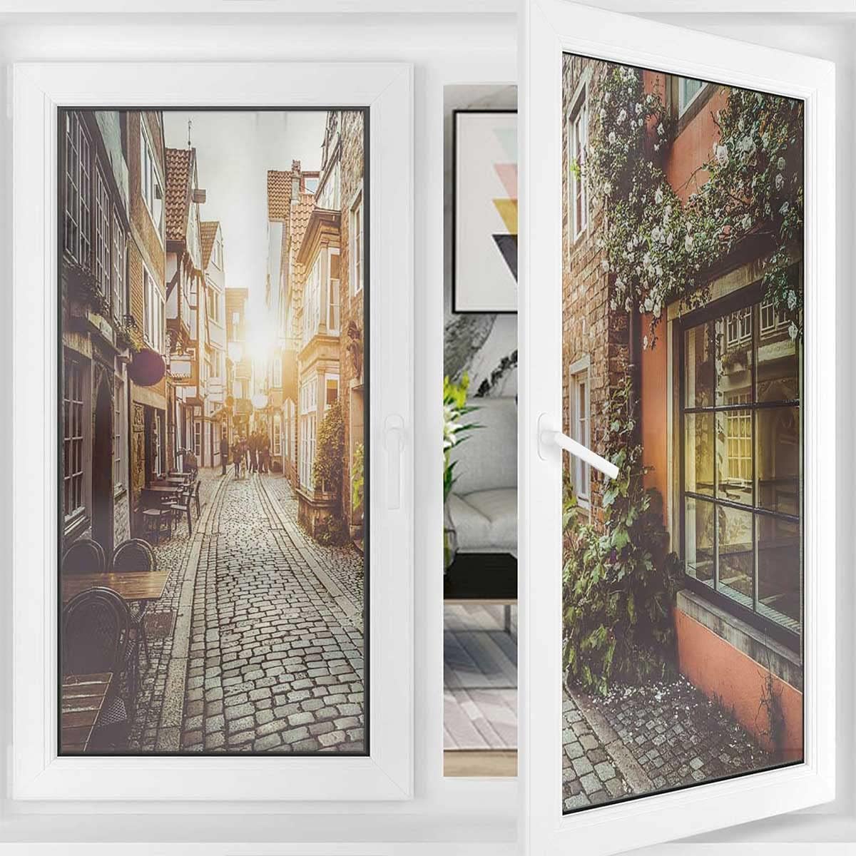 Frosted Static Cling Window Film Scenes from Europe Vintage Window Film Privacy Non See Through Frosted Window Cling 23.6Wx78.7L-inch x2 Pcs