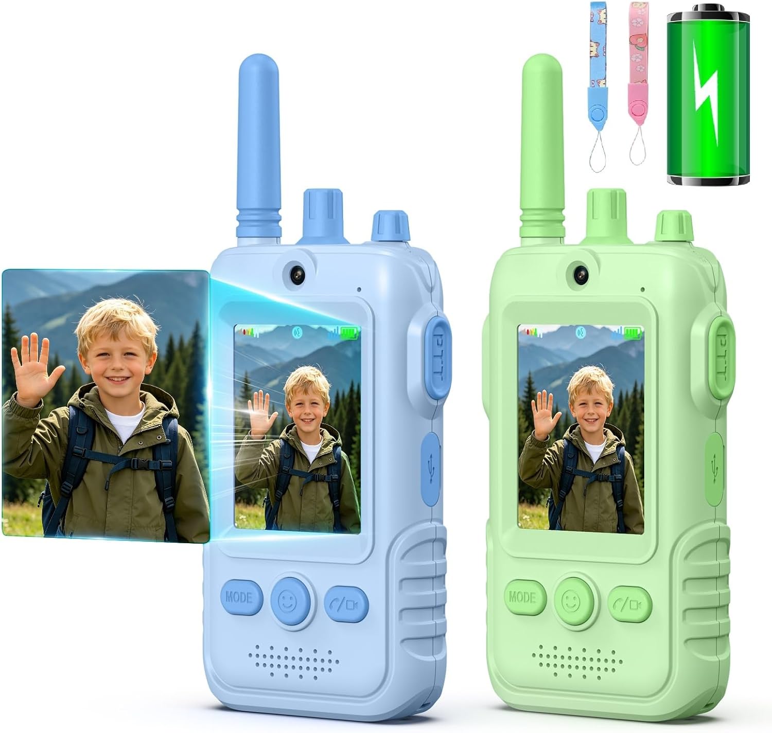 Video Walkie Talkies for Kids: Rechargeable Walkies Talkies 2 Pack, Indoor Outdoor Toys for Game Party Camping, Christmas Birthday for Aged 4-8 Girls Boys,Blue&Pink