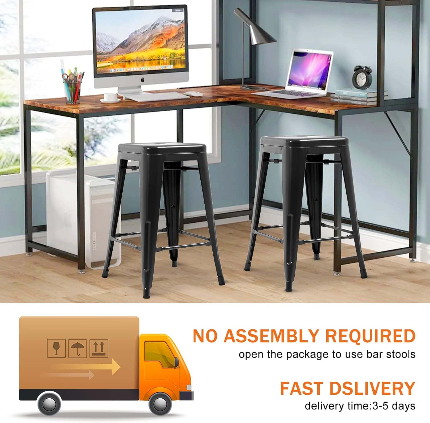 Metal Bar Stools Set of 4, Counter Height Stackable Barstools, 24 inch Indoor Outdoor Backless Patio Bar Stool Kitchen Dining Stool, 330Lbs Black