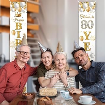 80th Birthday Banner 80th Birthday Door Banner Decoration Happy Birthday Banner Party Photo Booth Background Decoration Sign Poster for Men and Women (White Gold)