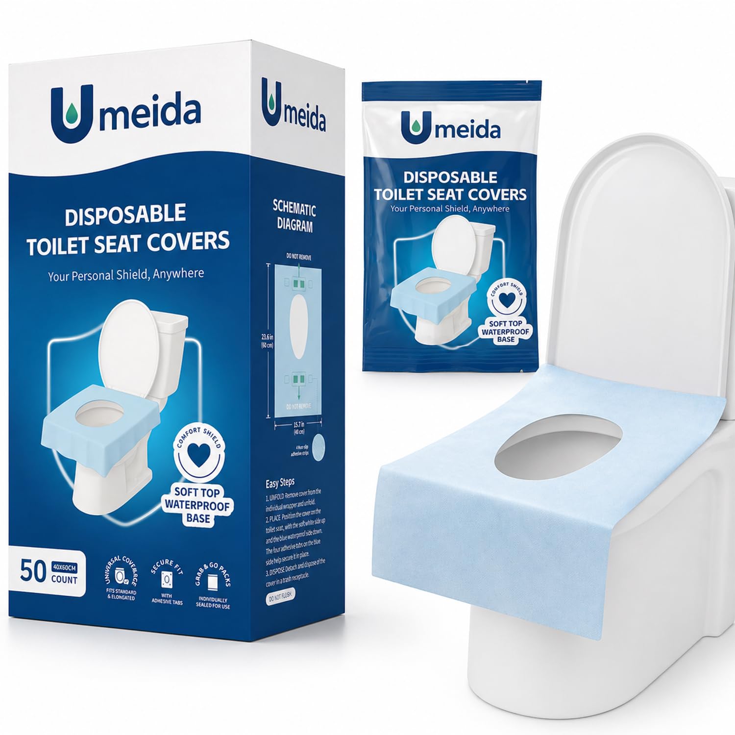 Photo 1 of Umeida 50 Count Disposable Toilet Seat Covers, XL Waterproof Travel Pack, Center Strip Stays Attached, Adhesive Tabs, Individually Wrapped for Public Restrooms, Airplane, Kids and Adults