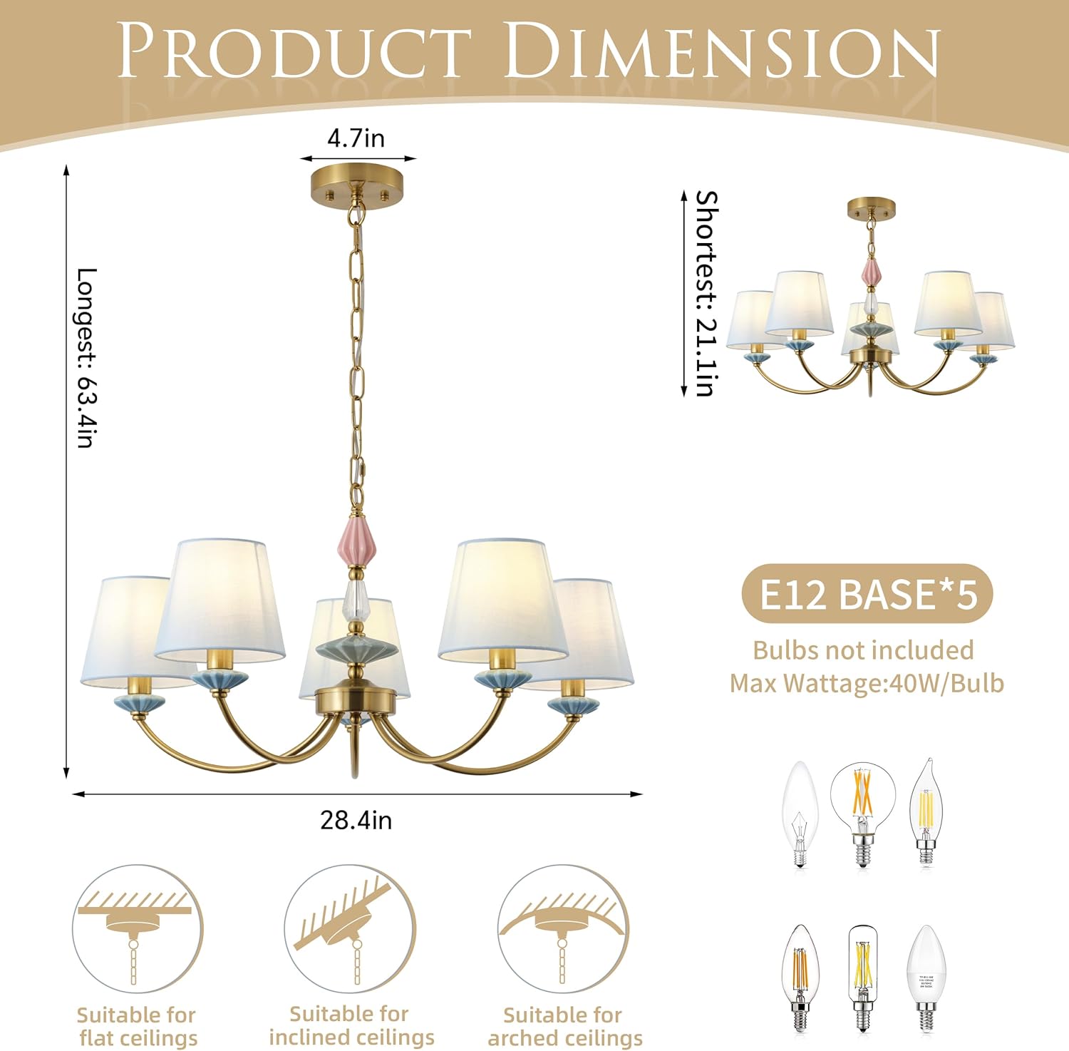 Blue Chandelier for Bedroom Light Fixture, Brushed Gold Art Deco Chandelier with Fabric Shade,Antique Modern Chandeliers paired with Ceramic for Girls Bedroom，Living Room，Dining Room