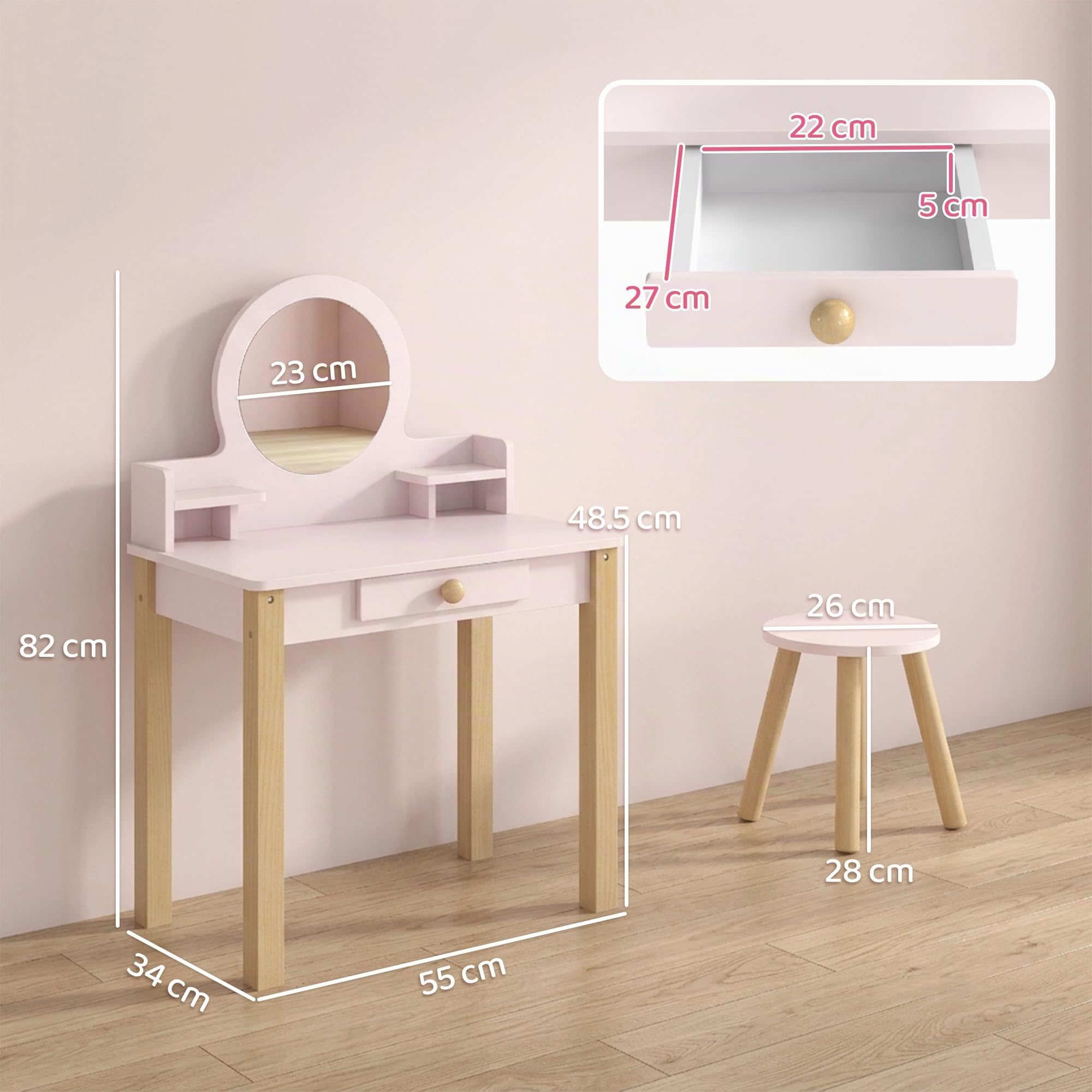 AIYAPLAY Set Toeletta Trucco Bambina 2 in 1 con Sgabello 3-6 Anni Rosa | Postazione Tavolo Trucco in Legno, Specchio in Acrilico, Cassetto, 2 Ripiani, Bordi Arrotondati