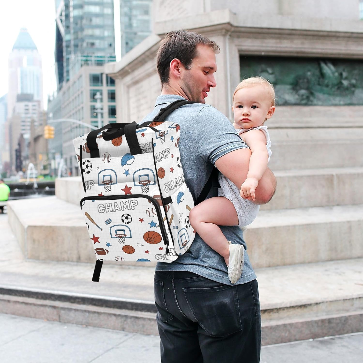 Sports Balls White Print Diaper Bag Backpack for Baby Boys Girls Multifunction Baby Essentials Travel Tote with Stroller Straps & Bottle Storage Large Travel Diaper Backpack for Dads Moms Baby