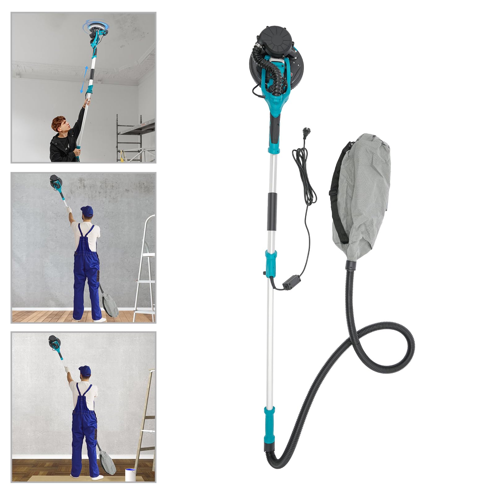 Lijadora de pared y techo, lijadora de cuello largo, lijadora de pared con aspiración, mango telescópico extensible, iluminación LED, bolsa de almacenamiento y 6 discos de lijado (azul)