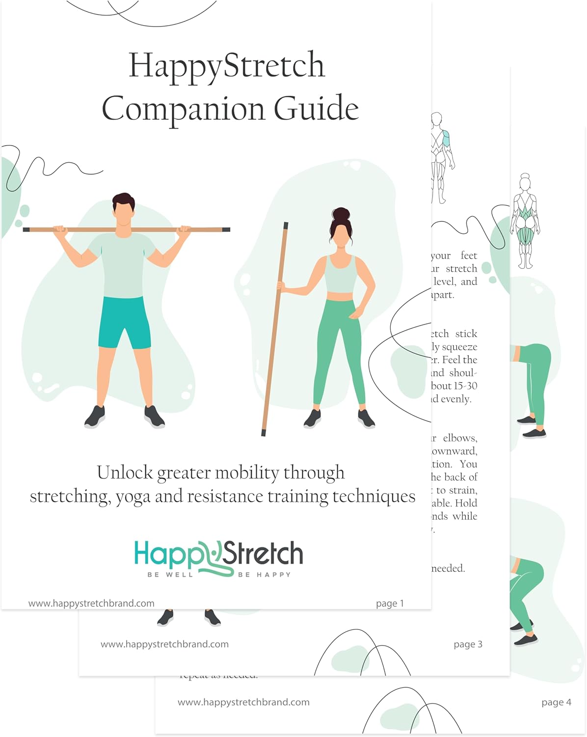 Yoga Stick Stretching, Flexibility and Strength I Bamboo Mobility Stretching Stick 5ft | Resistance Loop Exercise Bands Set of 5 | Workout Guide I Video Library | HappyStretch