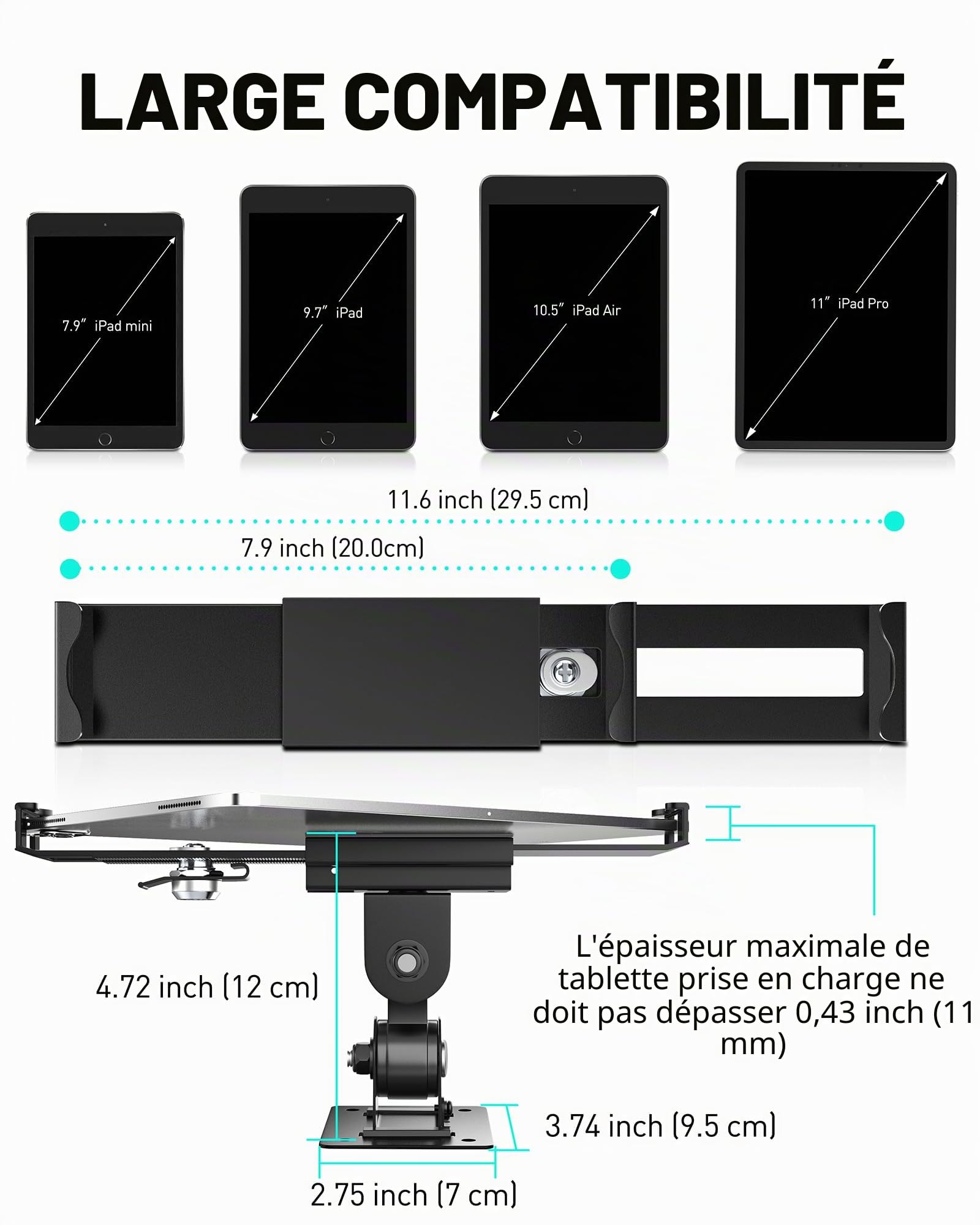 AboveTEK Support Mural pour Tablette - Verrouillage Antivol et Clé - Compatible avec iPad, Galaxy Tab, Slate, Fire et Plus - Modes Portrait et Paysage