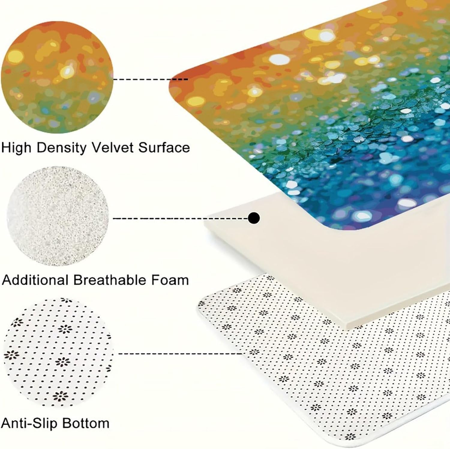 Rainbow Glitter Background Kitchen Mats for Floor 3 Pcs Kitchen Rugs