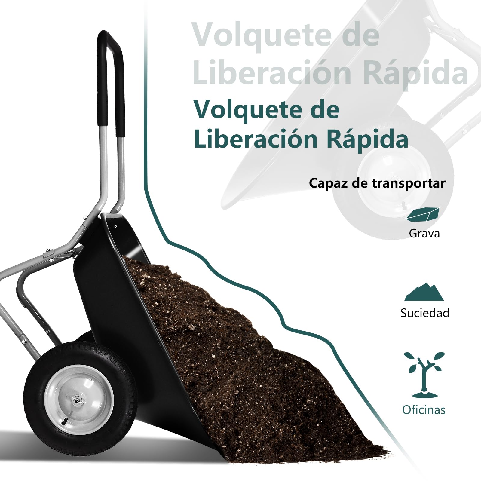 GYMAX Carretilla de Jardín de 100 litros de Volumen con 2 Neumáticos de Aire, Carretilla de Transporte con Asa, Carretilla de Construcción de hasta 100 kg, Apto para Patio y Almacén (Negro)
