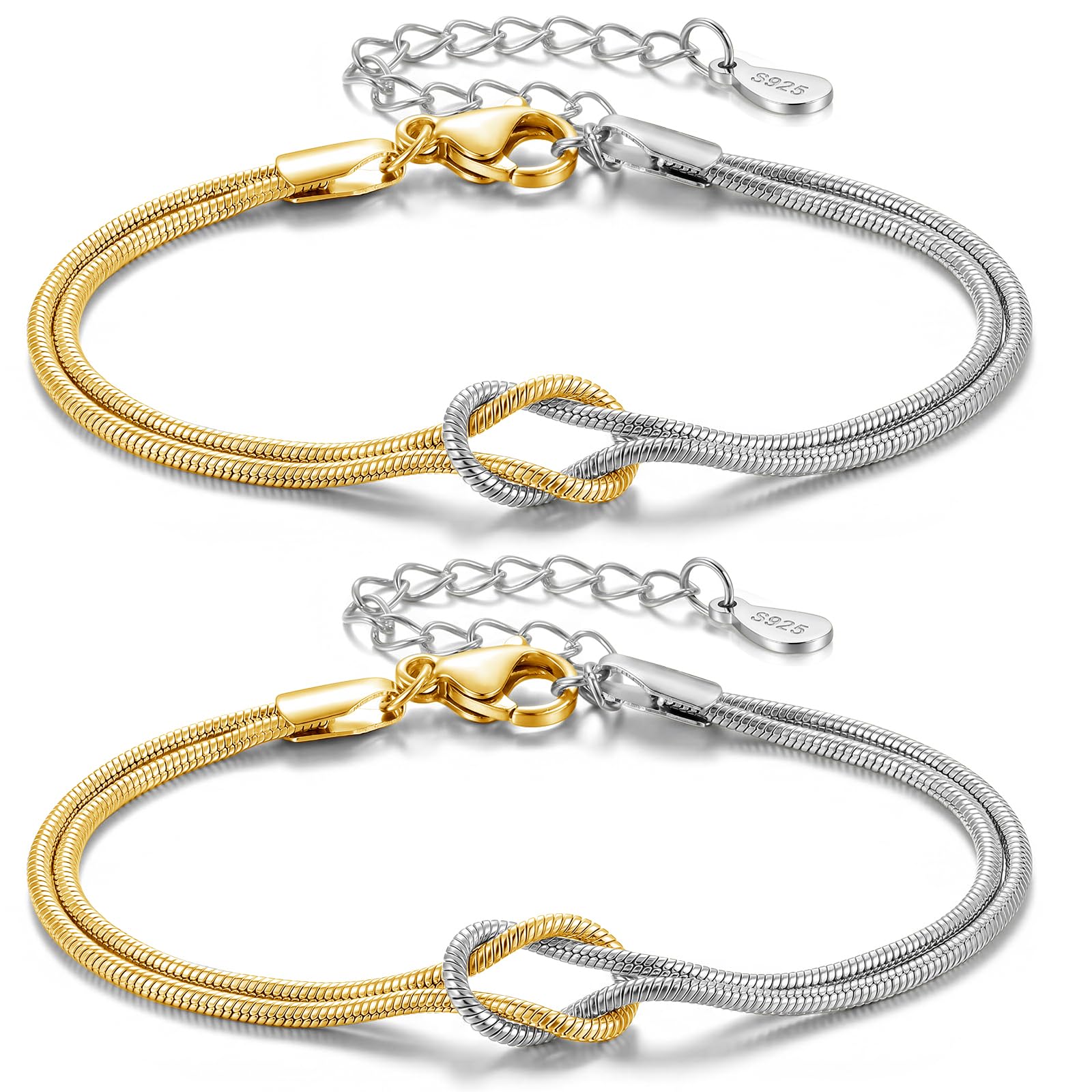 J.Fée 2PCS Bracciali Coppia Bracciale Amicizia Bracciale Donna Argento 925 Bracciali Amicizia Donna, Braccialetti Donne Oro, Regali di Coppia Regalo Amica Regalo Fidanzato Regali Mamma San Valentino