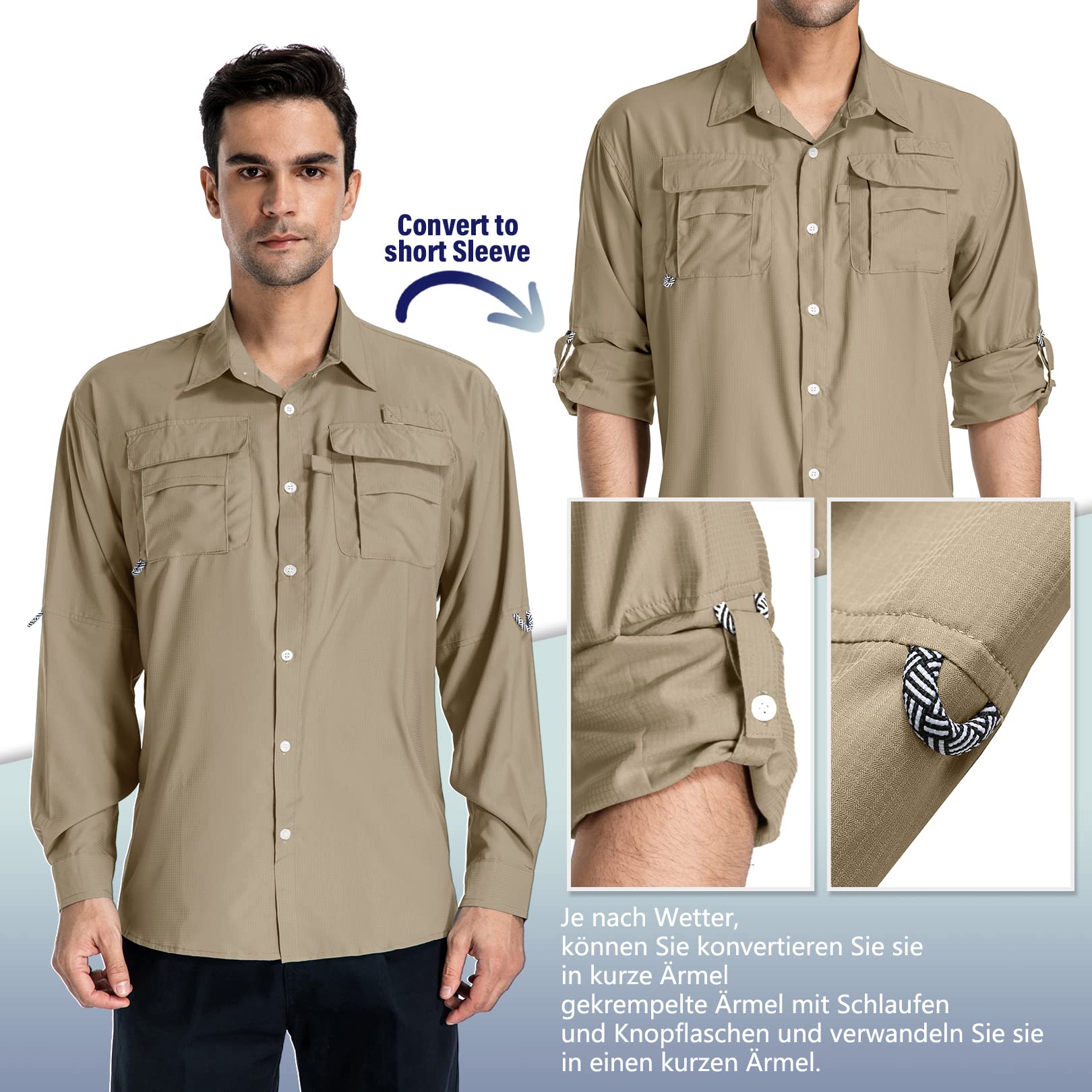 yeyity Outdoor Langarm Safari Hemd UPF50 UV Schutz Funktionshemd Atmungsaktiv Button Down Hemd für Wandern Angeln Trekking