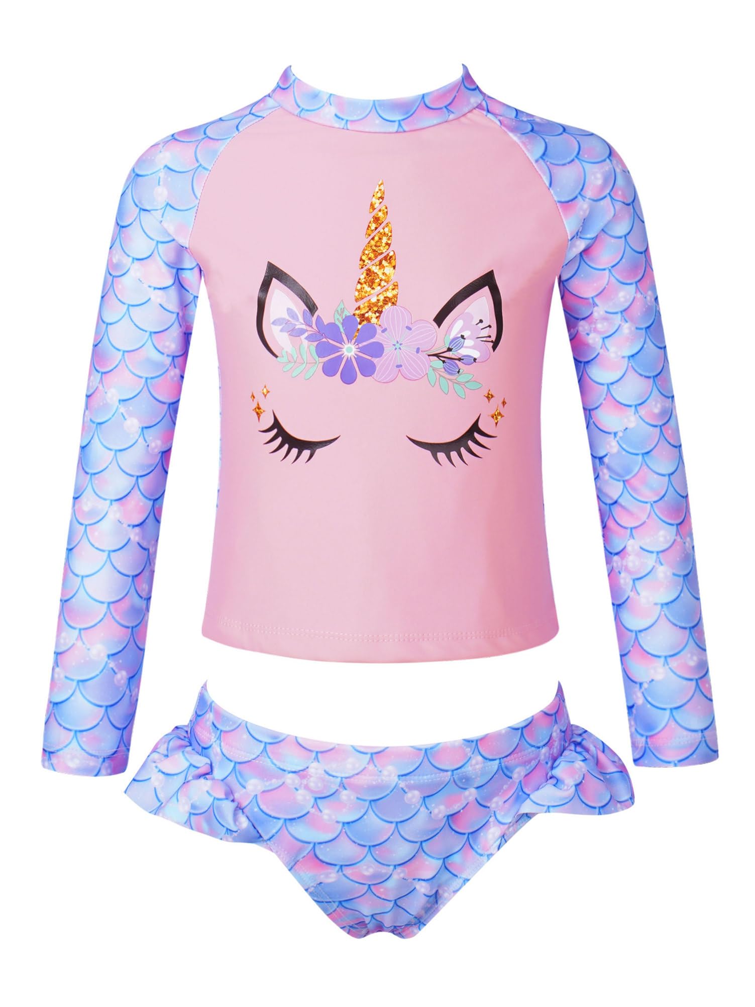 AlviviTraje de baño de Dos Piezas para Niña Bañadores Sirena Proteccion Solar Tankini Flores Camiseta Baño Manga Larga+Bragas Ropa de Baño