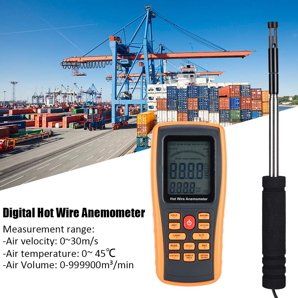 Anemómetro Digital portátil de Hilo Caliente, con medidor de Velocidad y Temperatura, con Pantalla LCD retroiluminada, para modelismo aeronáutico, navegación, Surf y ala