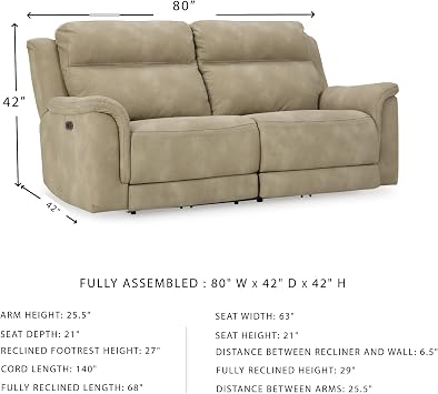 Signature Design by Ashley Next-Gen DuraPella Power Reclining Sofa with Adjustable Headrest, USB, Extended Ottoman, Faux Leather, 80 W x 42 D x 42 H, Beige Sand