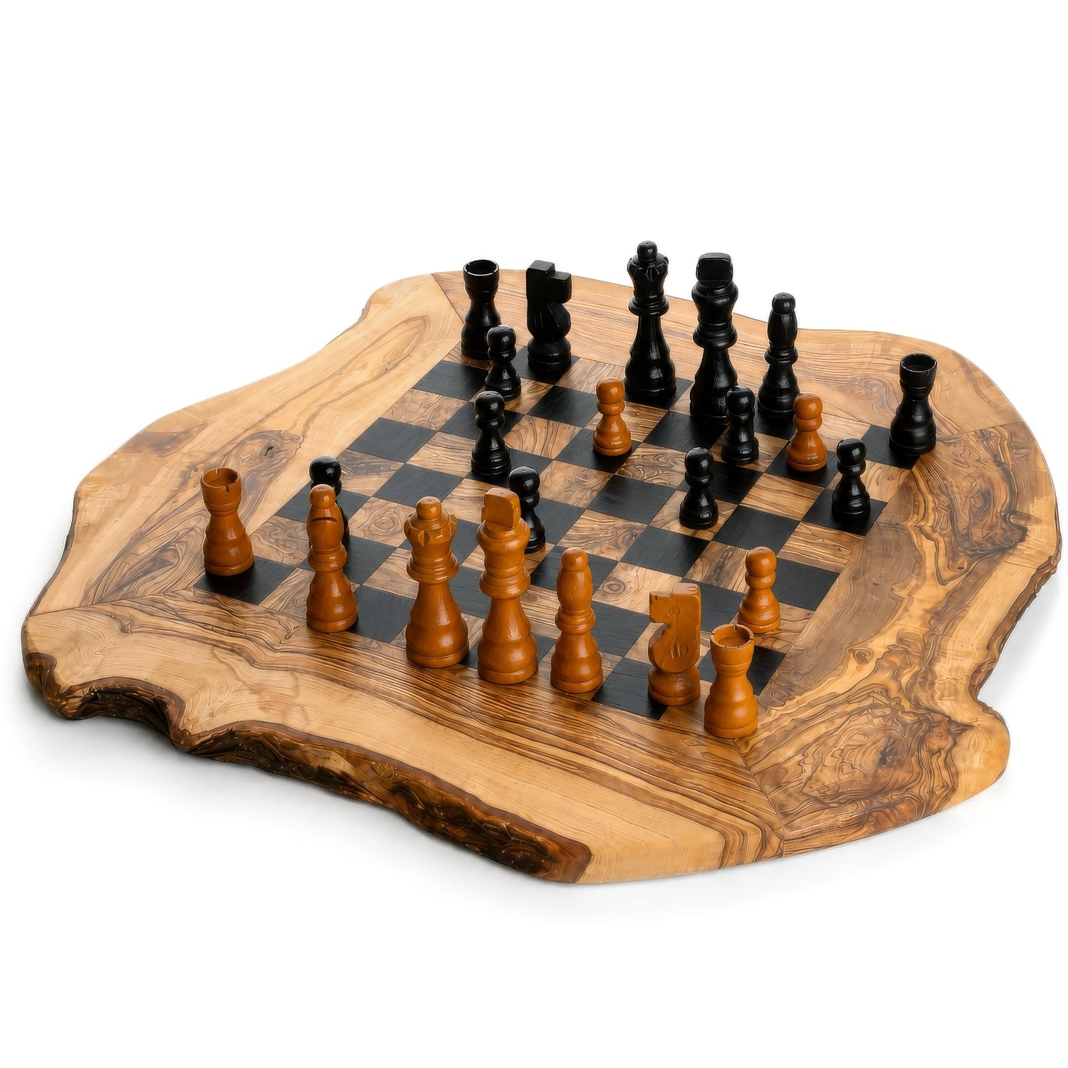 Schachbrett aus Olivenholz Handgefertigt mit Naturkante – Rustikales Schachspiel, Mediterran, Unikat, Geschenkidee (Schwarz, 40×40×2 cm)