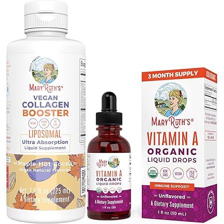 Collagen Booster Liposomal & USDA Organic Vitamin A Liquid Drops Bundle by MaryRuth's | Vitamin C, Vitamin E, Zinc, Copper & Silica | Skin Care & Joint Support Supplement | Immune Support, Eye Health.