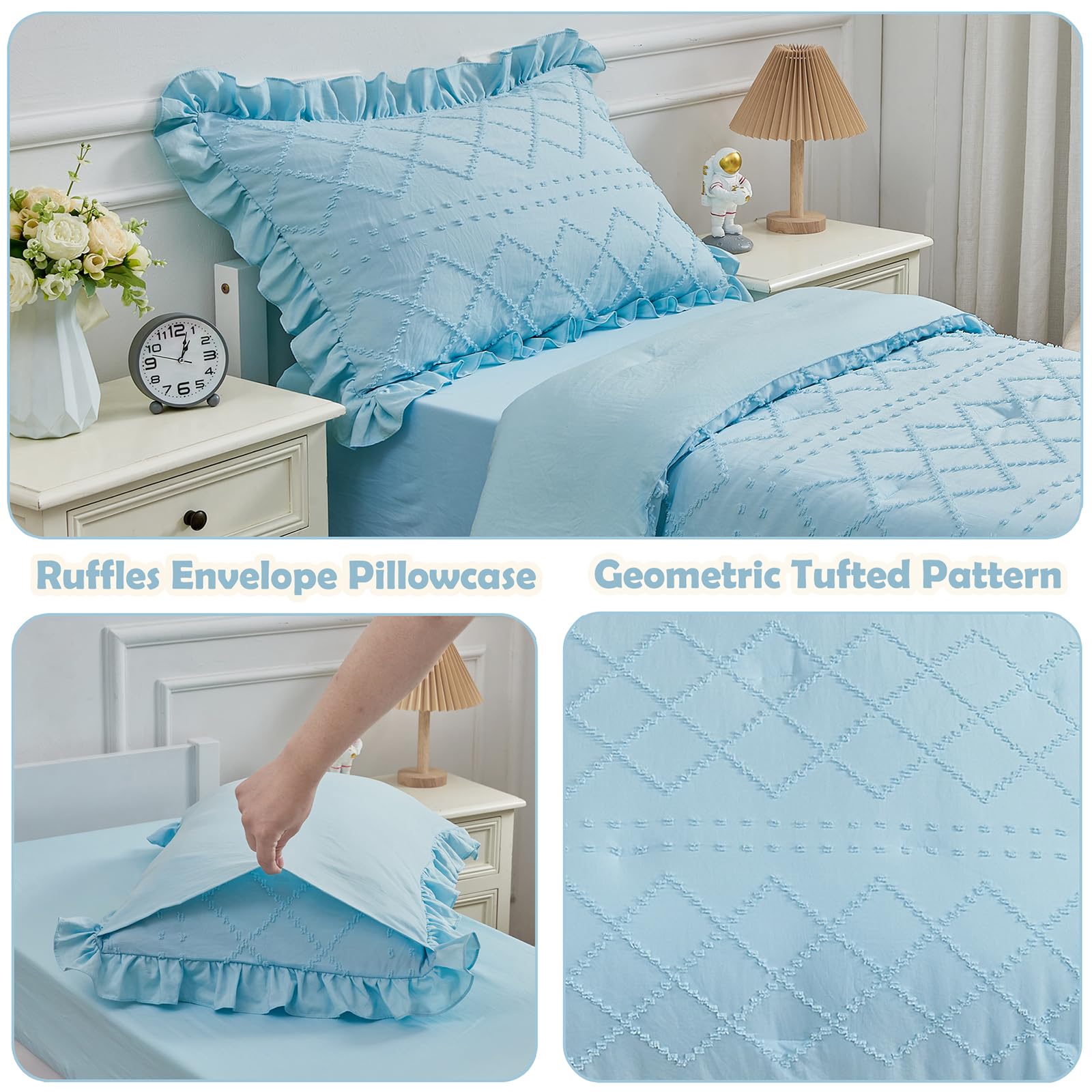 Juego de ropa de cama bohemio de 4 piezas para niñas, juego de sábanas con volantes azules, juego de sábanas de cuna bordado jacquard suave para bebé, incluye edredón, sábana encimera, sábana bajera,