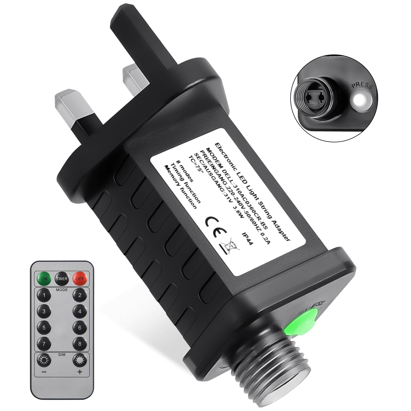 AXFEE 31V 3.6W Transformer Plug, IP44 LED Power Supply Adapter with 8 Lighting Modes, Memory and Timer Function, LED Power Transformer for Christmas Lights, Fairy Lights, Icicle Lights, Net Lights