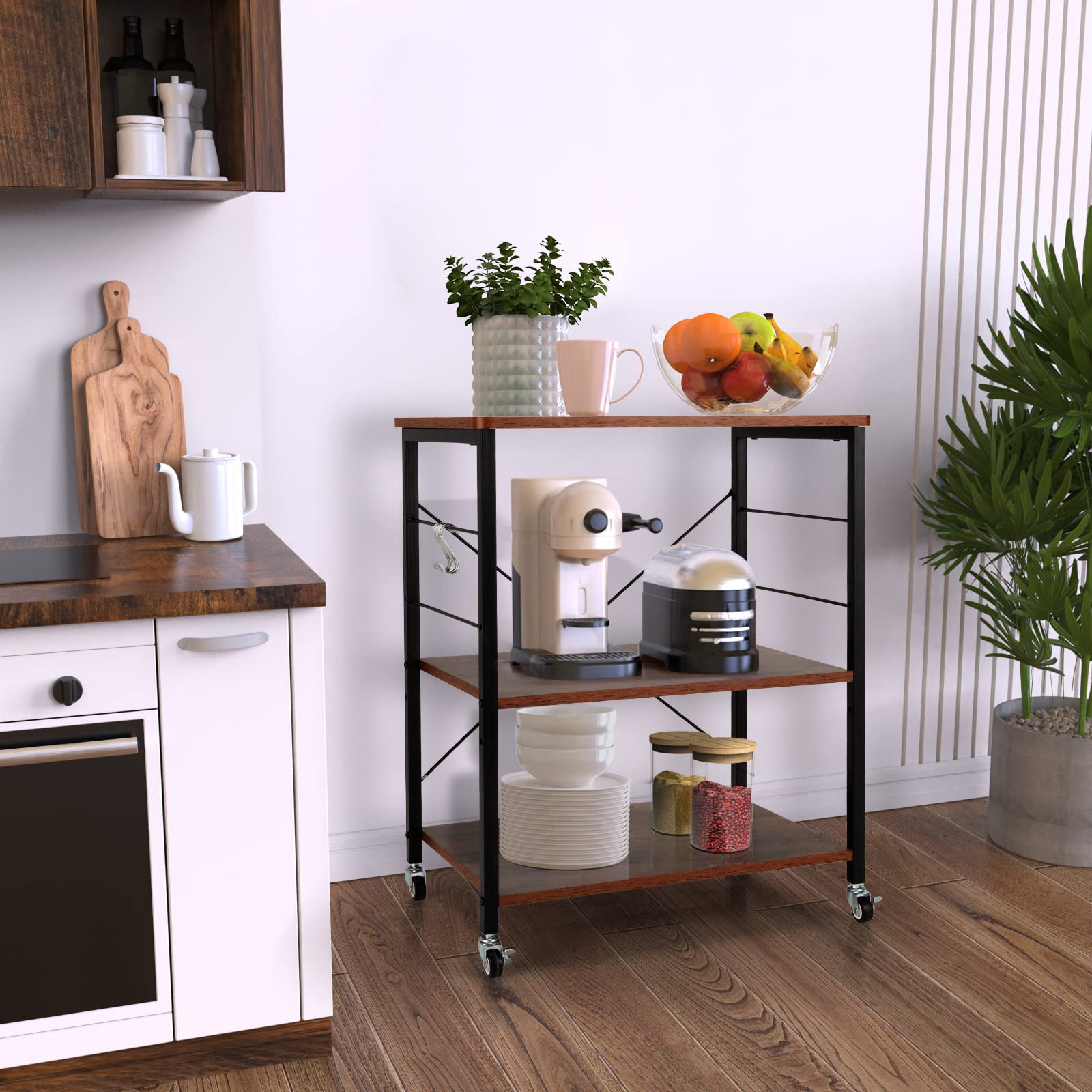 GIANTEX Servierwagen Küchenwagen auf Rollen, Küchenregal 3 Ebenen & 10 Haken, Druckertisch Druckerständer Industrie-Design, Küchenwagen Holz & Stahl, Standregal Gewürzregal 60 x 40 x 73 cm